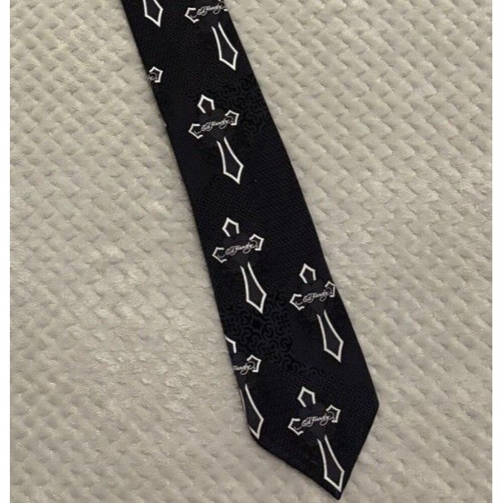Vintage Y2K Ed Hardy Christian Audigier 100% Silk Tie Navy Dragon Rose Tattoo